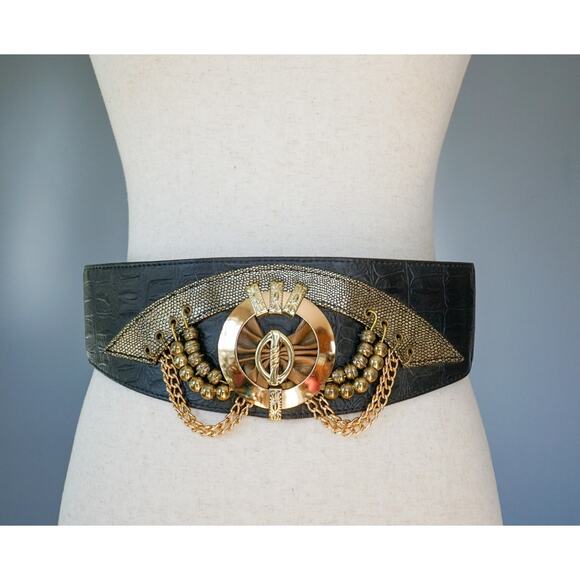 VTG 80s Wide Waist Cinch Belt Studded Medallion Goth Punk Statement Faux Leather - Picture 1 of 16